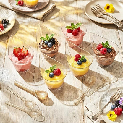 150 Pack Gold Glitter Plastic Dessert Cups with Tasting Spoons, Appetizer Cups Yogurt Parfait Bowls with Spoons for Party Supplies Catering Chocolate Desserts Buffet Food Display (7 oz)