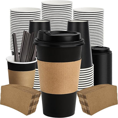 16 oz Paper Coffee Cups with Lids 50 Pack, Sleeves and Stirring Sticks by VPACKDUO