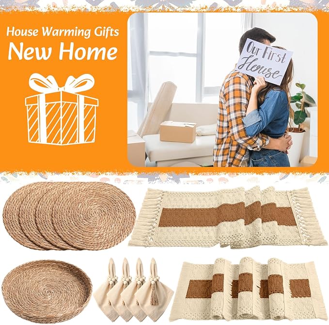 4 Sets Boho Decoration Placemats Round Woven Placemats, Cloth Napkins, Wood - Image 7