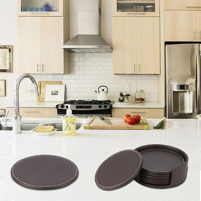 Set of 6 Round Leather Bar Coasters - Image 7
