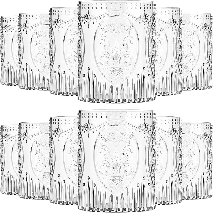 Qinyoung 12 Plastic Vintage Drinking Glasses 8.5oz Stemless Retro Embossed Wine by Qinyoung