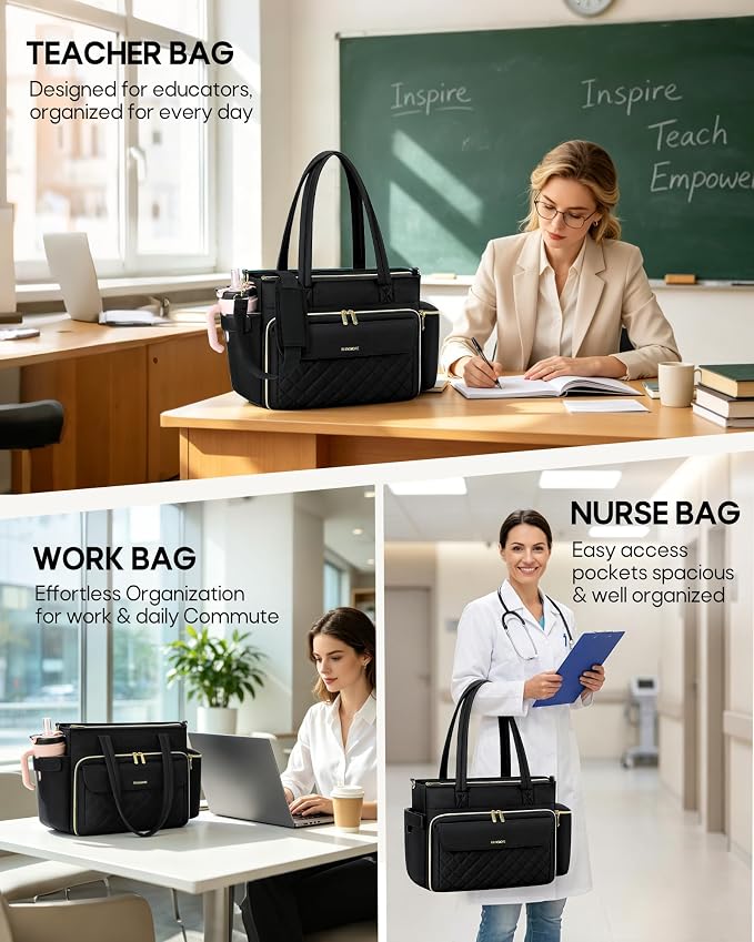 RAINSMORE Teacher Bag for Women, 15.6" Laptop Work Tote, 40oz Cup Holder | - Image 2