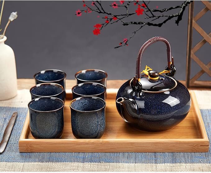 DUJUST Japanese Tea Set for 6, Kiln Altered Glaze Porcelain Tea Set - Image 2