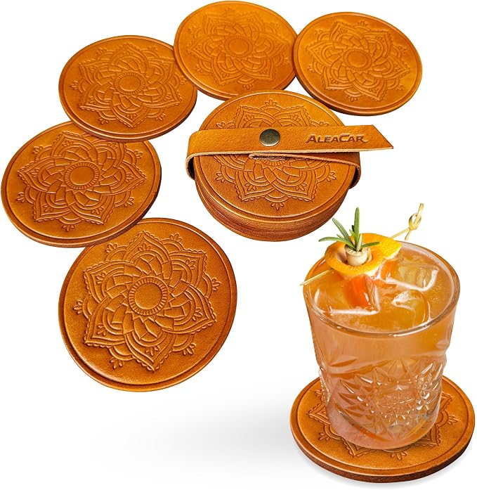 Handmade Leather Coasters 4" for Drinks by PREMIUMLEATHERHANDMADE