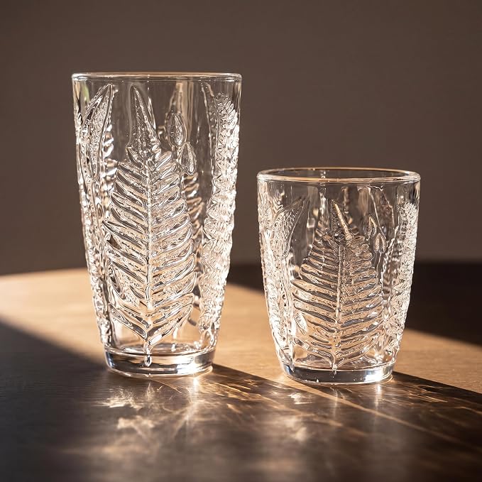 Clear Drinking Glasses Set of 4, 10 oz Glass Cups, Vintage Fern Glassware | - Image 9