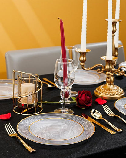 Morejoy 100Pcs Clear Plastic Plates,Clear Disposable Plates With Gold Rim,Heavy-duty Gold Plate, Modern swirl design Plate Include 50Clear Dessert-Platos,50Dinner-Platos for Party&Christmas