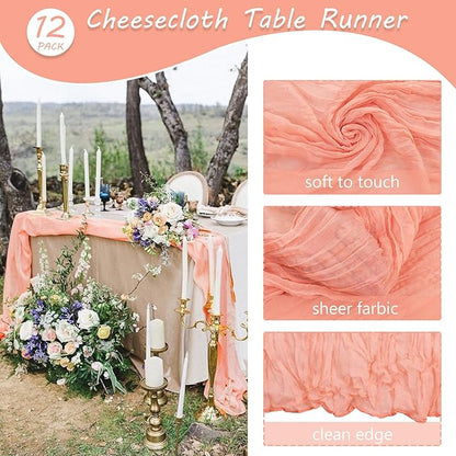 12 Pack 10Ft Cheesecloth Boho Gauze Table Runner - 35x120 Inch Rustic Cheese Cloth Long Table Runner for Wedding, Bridal Shower, Birthday Party Decor (Peach Coral)