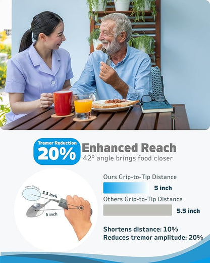 Adaptive Utensils (4-Piece Set) Weighted 5 oz - 42° Angled Utensils for Parkinson's Patients, Hand Tremors, Arthritis & Elderly - Eating Utensils for Elderly (Grey: Right Handed)