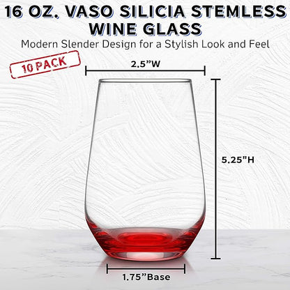 DISCOUNT PROMOS 10 Vaso Silicia Stemless Wine Glasses Set, 16 oz. - Clear, Orb-Like, Thick base - Red