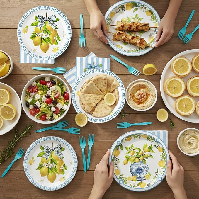 96Pcs Chinoiserie Vase Lemon Party Plates Supplies Capri Lemon Blue White Vase - Image 5