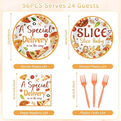 96 Pcs Special Delivery Pizza Baby Shower Decorations, Tableware Set | Includes - Image 2
