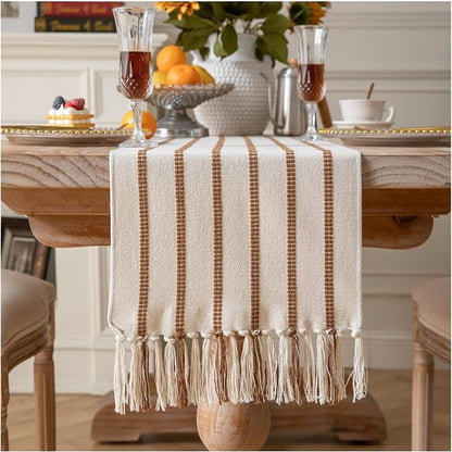 Caflife Boho Table Runner 90 Inchs Long Brown and Beige, Cotton and Linen Woven by Caflife