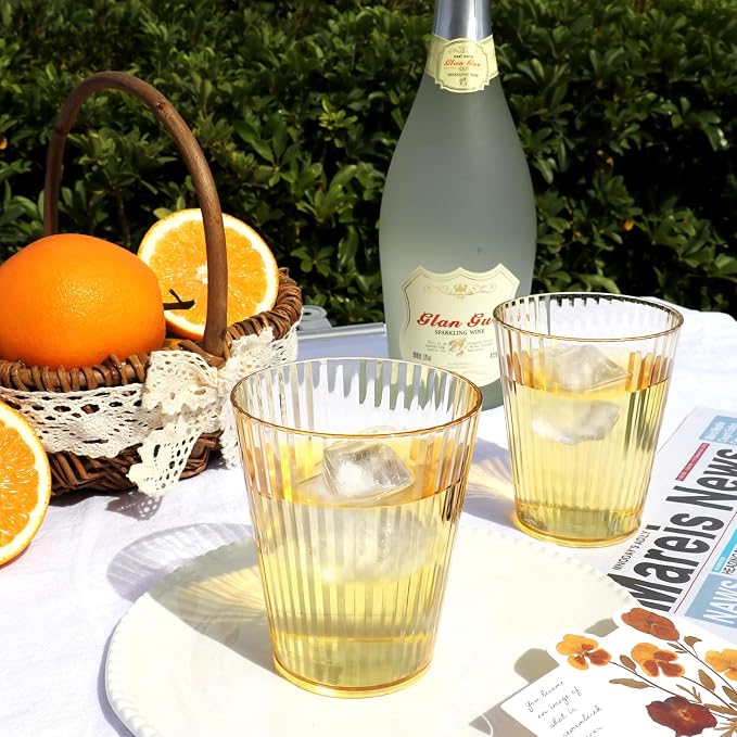 24 PCS Plastic Ribbed Drinking Glasses 10oz Gold Vintage Ripple Stemless Wine - Image 4