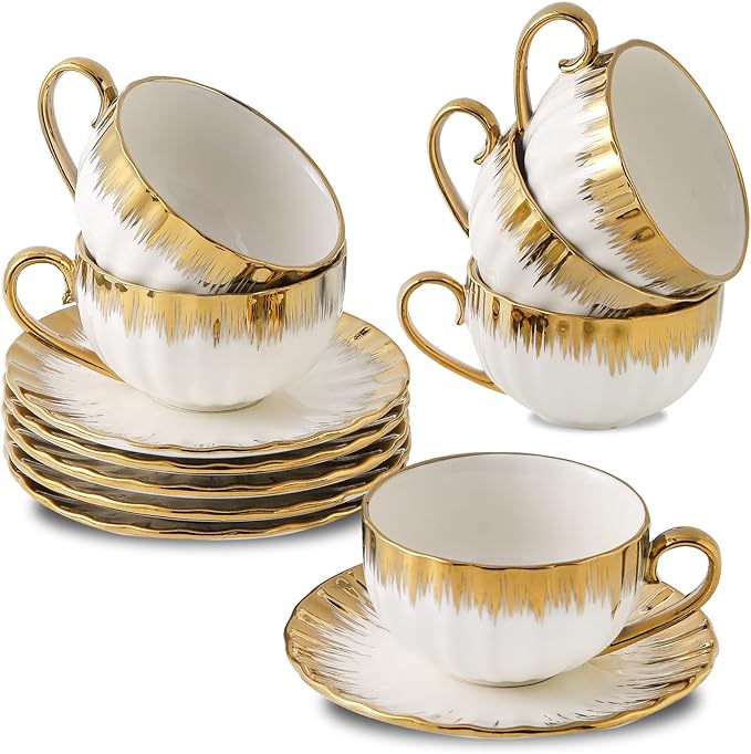 LETAOTAO Cappuccino Cups with Saucers, 7oz Tea Cup Set of 6 with Gold Trim | by LETAOTAO