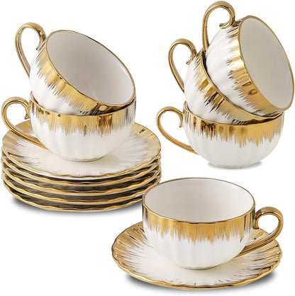 LETAOTAO Cappuccino Cups with Saucers, 7oz Tea Cup Set of 6 with Gold Trim | by LETAOTAO