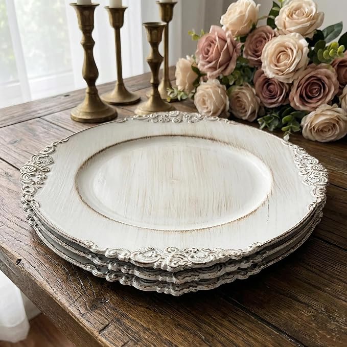 Antique White Charger Plates, 13 Inch Embossed Chargers - Image 7