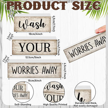 Moucuny 4 Pcs Farmhouse Laundry Room Decor Stacked Blocks Wash Your Worries - Image 3
