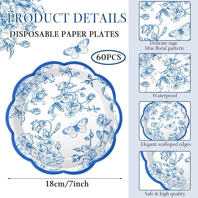 Willinglong 120 Pcs Floral Scalloped Paper Plates and Napkins Set, 2-ply Napkins - Image 2