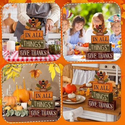 Moucuny 4 Pcs Fall Decorations for Home Wooden Turkey Decor Thanksgiving Tiered - Image 5