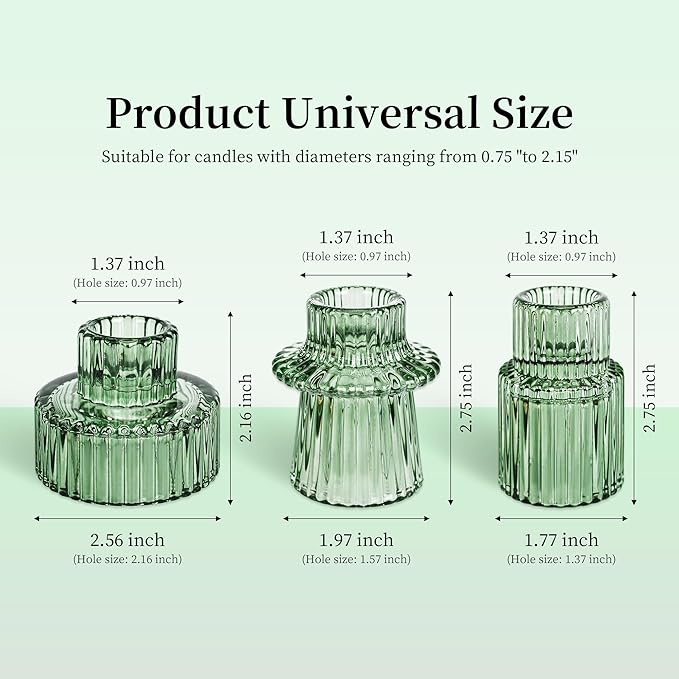 Taper Votive Candle Holder for Pillar Candles Tealight, Candlestick Holder for Wedding Christmas Tea Party, Boho Ribbed Vintage Crystal Glass Table Centerpiece Decor, Bulk Set of 6 (Green)