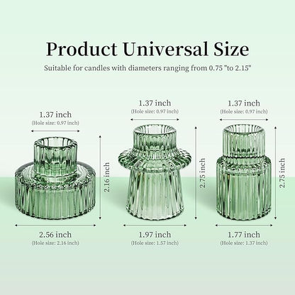 Taper Votive Candle Holder for Pillar Candles Tealight, Candlestick Holder for Wedding Christmas Tea Party, Boho Ribbed Vintage Crystal Glass Table Centerpiece Decor, Bulk Set of 6 (Green)