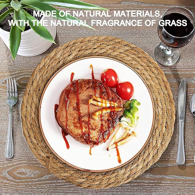 Defined Deco Woven Placemats Set of 6,12" Round Rattan Placemats,Natural Hand-Woven Water Hyacinth Placemats,Farmhouse Weave Place Mats,Rustic Braided Wicker Table Mats for Dining Table,Home,Wedding.