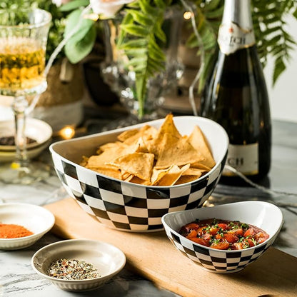 Tiered Serving Bowls Chip and Dip Serving Set with Stand, Ceramic Appetizer Serving Dishes Platters and Trays for Parties Entertaining - Checkered Kitchen Decor