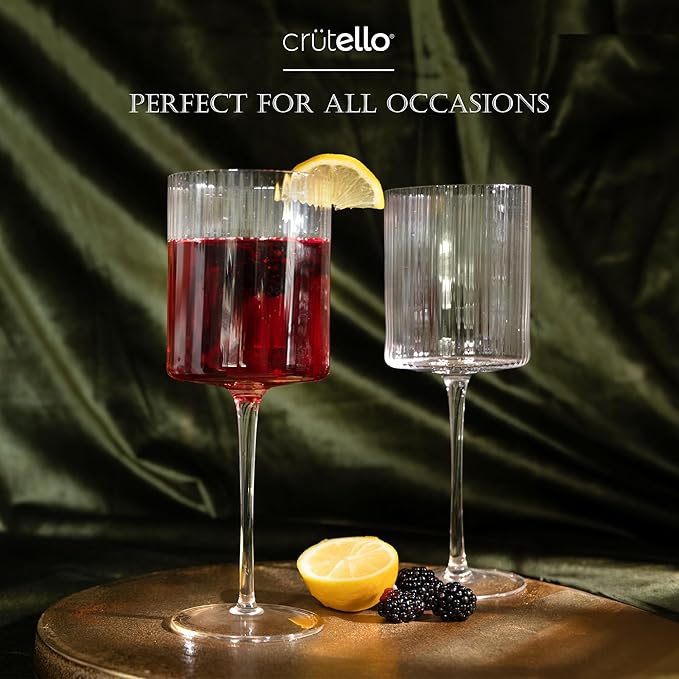 Crutello Square Wine Glasses Set of 4-17.5 oz Unique Fluted Vintage Glasses with Ribbed Texture and Long Stem - Large Modern Red or Fancy White Wine Glass Set, All Purpose
