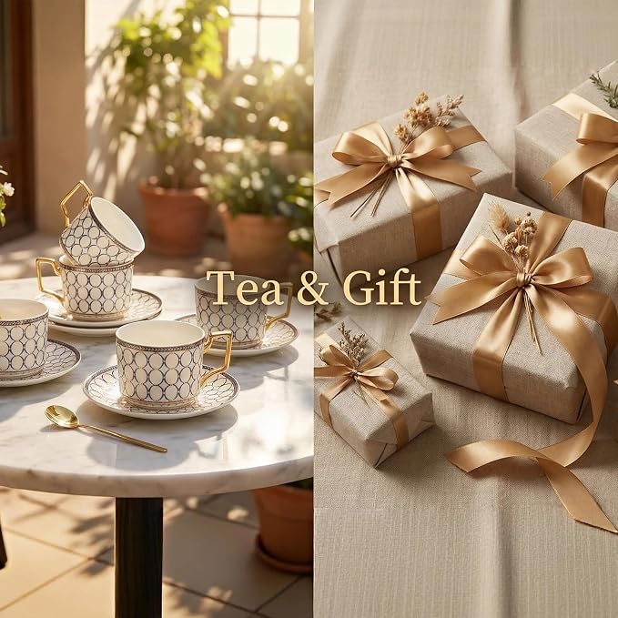 CwlwGO-European Style Ceramic Coffe Cup and Saucer Sets, 7 Oz Bone China - Image 6