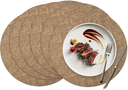 15 inch Faux Leather Round Placemats Set of 6 Non-Slip Washable Wipeable Table Mats, Heat Resistant Waterproof Oilproof Brown Place Mats for Kitchen, Dining, Party, Indoor, Outdoor
