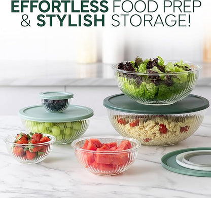 COOK WITH COLOR 12 Pc Glass Mixing Bowl Set with Lids – Borosilicate Glass Nesting Bowls for Cooking, Baking and Meal Prep, Fluted Sage