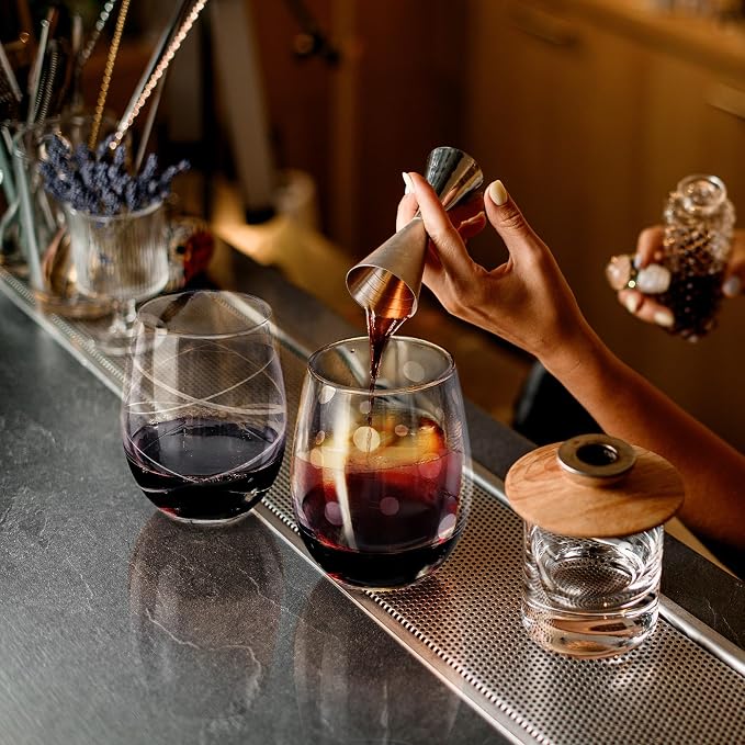 Joeyan Hand Blown Etched Stemless Wine Glasses - Image 5