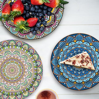 100PCS Boho Paper Plates 7Inch & 9Inch, Vintage Bohemian Disposable Dinnerware Plates for Birthday Gatherings Holiday Favor Baby Shower Party Supplies,50 Guests(Blue,Green,Red,Pink)