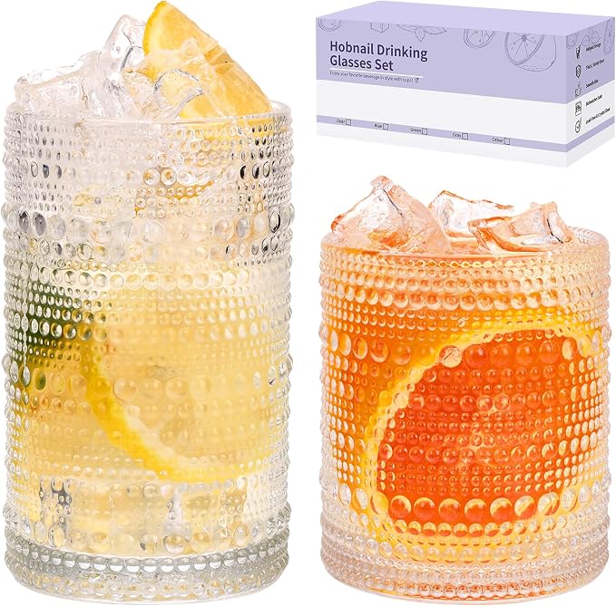 Moretoes 2pcs Hobnail Drinking Glasses, Vintage Glass Cups Set | 12 Oz Highball by Moretoes