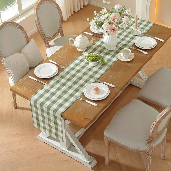 Laolitou Spring Green Checkered Table Runner, Cotton Linen Gingham Table Runners - Image 2