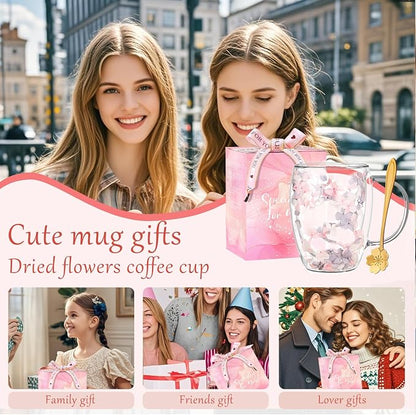 Gifts for Women Dried Flowers Double Wall Glass Coffee Mugs Cute Glass Tea Cups - Image 6