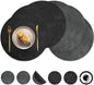 Round Placemats and Coasters Set of 6, Washable Reversible Faux Leather Placemats Cowhide Pattern Place Mats Wipeable Non-Slip 15 inch Round Kitchen Dining Table Mats (Gray Black, 6)