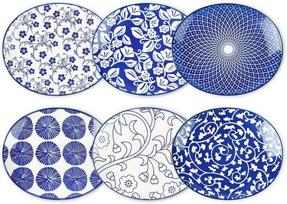 Selamica Small Dinner Plates, Oval Dessert Plates Ceramic, 6 Inch Small Plates for Appetizer, Cake, Snacks, Microwave Dishwasher Safe, Set of 6, Vintage Blue