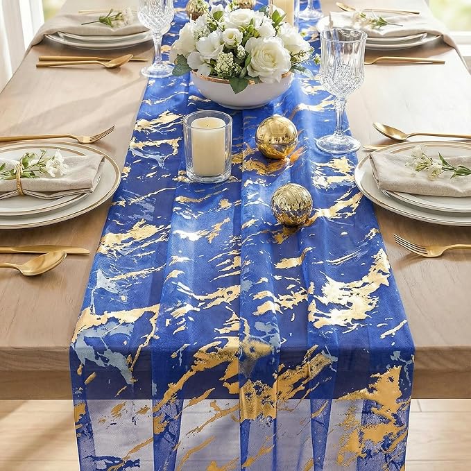 Artoid Mode Marble Pattern Dark Blue Gauze Table Runner 10FT, Glitter Metallic - Image 6