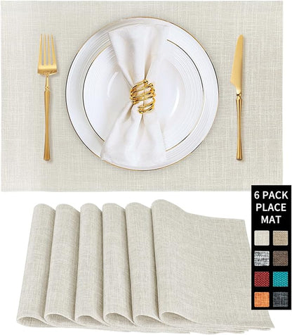 Beige Cloth Placemats Set of 6 - Washable Dining Table Mats Cloth Place Mats for Kitchen Place Mats Rectangle Farmhouse Fall Placemats for Indoors & Outdoors, Easy to Clean 12 x 18 Inch