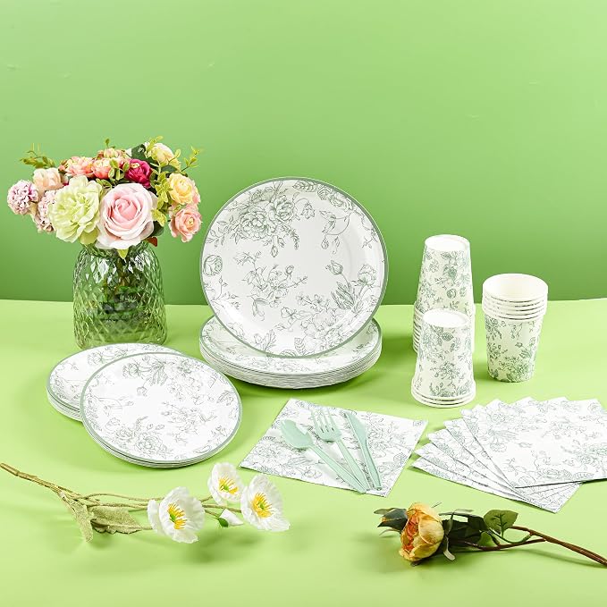 175Pcs Sage Green Floral Paper Plates and Napkins 25 Guests Green Toile - Image 10