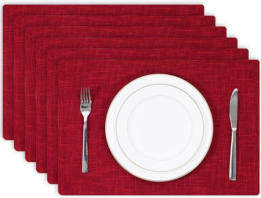 Kevin Textile Christmas Burlap Linen Placemats Set of 6 Heat Resistant Dining Table Place Mats Washable Kitchen Table Mats for Dinning Party Holiday Indoor Outdoor, 13 x19 inches, Burgundy