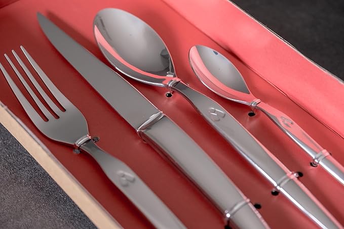 Laguiole Heritage Dinnerware Set; Luxury French Flatware in Premium Stainless Steel; Features Knives, Forks, Spoons with Ergonomic Handles; Dishwasher Safe; 4 Person Sets; Silver, 16-Piece