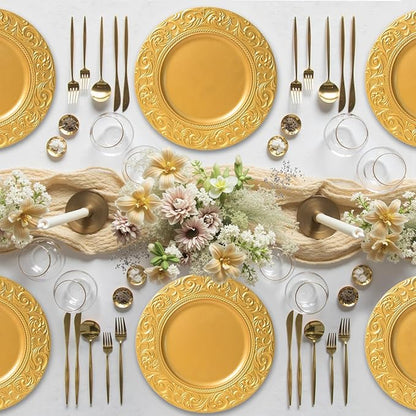 PROY 100 Pcs Antique Gold Charger Plates Bulk, 13in Plastic Embossed Dinner Gold Chargers, Round Phoenix Pattern Elegant Floral Charger Plates for Dinner Wedding Party Event Table Setting Decoration
