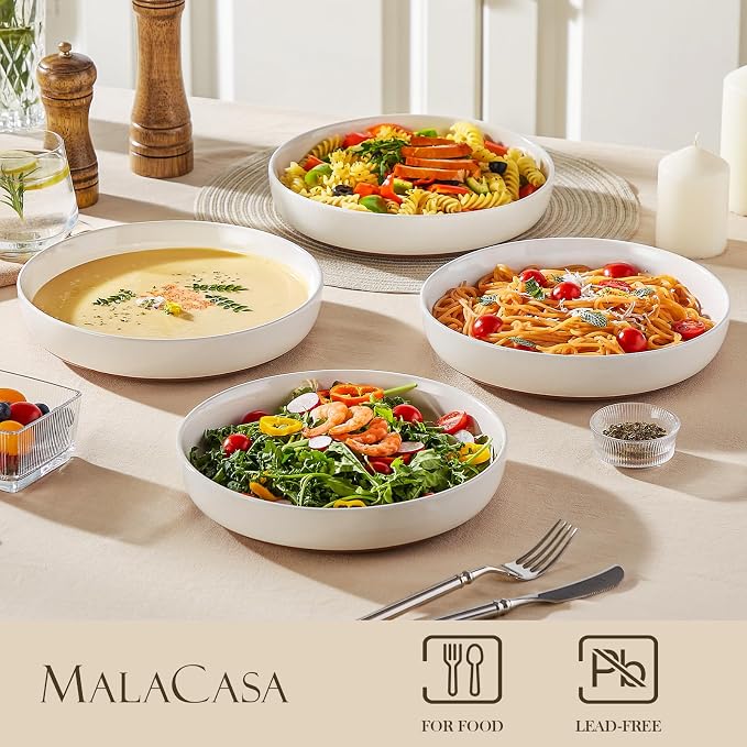 MALACASA 48 Oz Pasta Bowls Set of 4, Ceramic Soup Bowls, TARA Khaki White | - Image 3