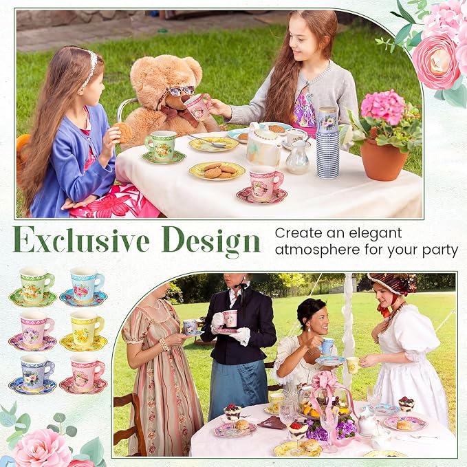 Nuogo 300 Pcs Floral Paper Tea Cups and Saucers 9 OZ Disposable Cups - Image 6