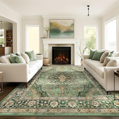 9x12 Rugs for Bedroom, Vintage Washable Rugs Non Slip Large Area Rug for Living Room Dining Room Office, Floor Decoration Big Rug Carpet Low-Pile Kid & Pet Friendly(Border Green)