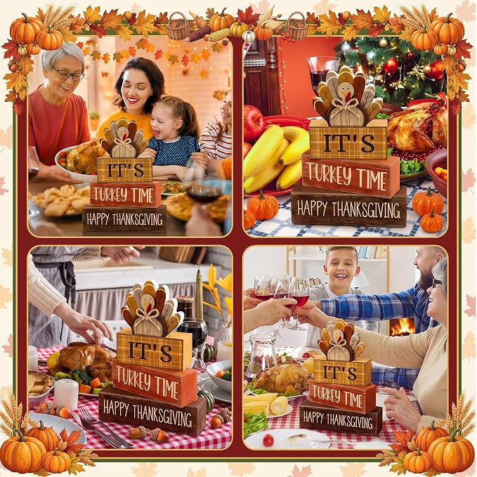 Moucuny 4 Pcs Fall Decorations for Home Wooden Turkey Decor Thanksgiving Tiered - Image 5