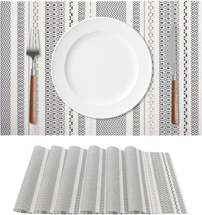 FAVE Boho Vinyl Placemats Set of 6, Durable Woven Place Mats Washable Heat Resistant PVC Table Mats for Parties,Weddings, Dining,Banquet(Gray, 6PCS)