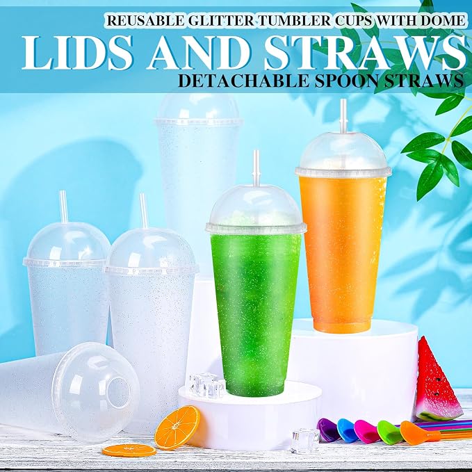 6 Set Slushie Cups with Dome Lids and Straws Detachable Spoon Straws Reusable - Image 4